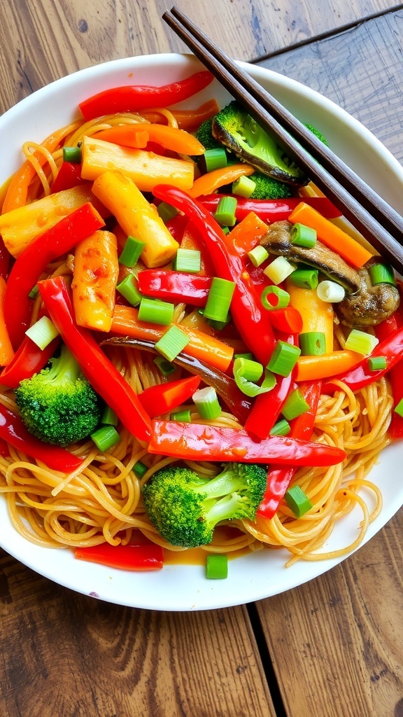 A plate of stir-fried noodles with vegetables, garnished with green onions, on a wooden table.